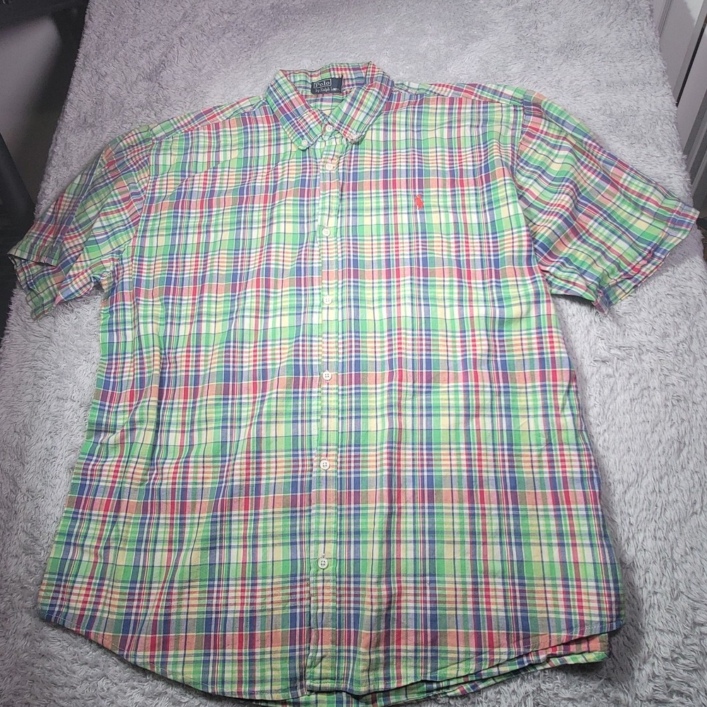 Polo Ralph Lauren Short Sleeve Mens 2XL Madras Plaid Navy Multicolor Pony